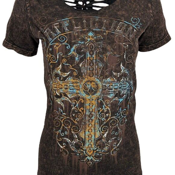 Affliction Women's SANCTUARY Scoop Short Sleeve Rust Biker Tattoo T-Shirt NWT XL - Picture 3 of 4
